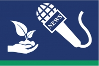 Minimalist logo of hand holding plant next to microphone with the text &quot;news&quot; on it