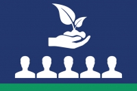 minimalist Logo of hand holding plant above several peoples heads
